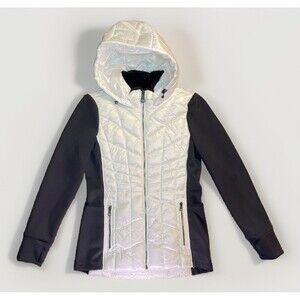 Calvin Klein Performance Jacket Womens Small White Black Hooded Puffer Softshell
